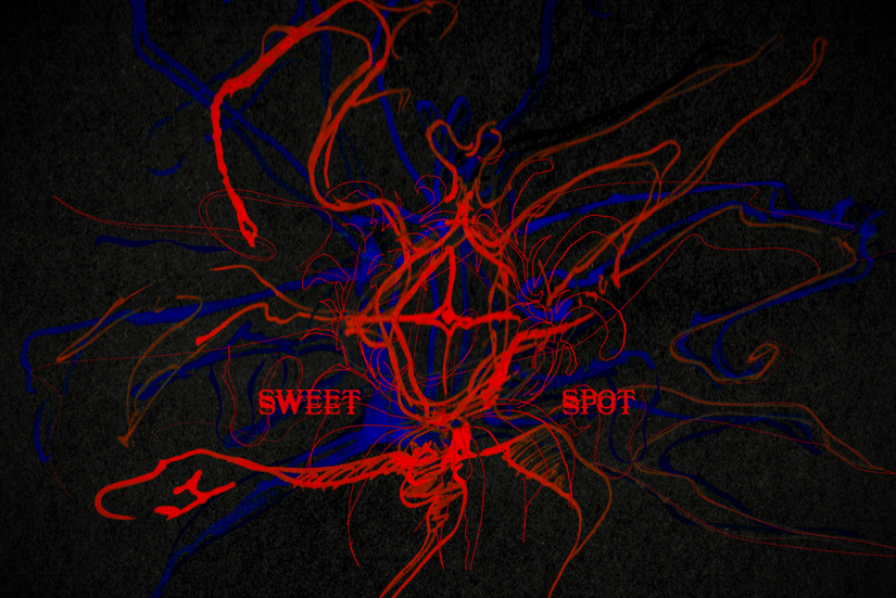 Graafinen kuva. Väreinä musta, sähkönsininen ja -punainen
