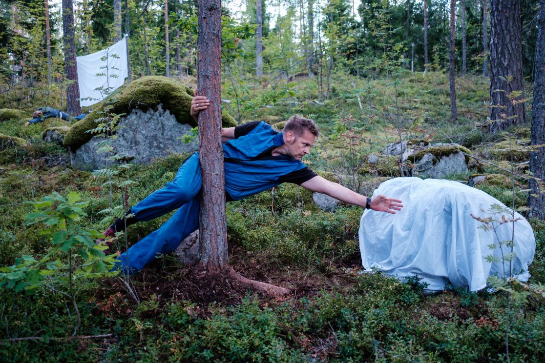 Tanssija roikkuu männyn runogssa ja kurottaa kuvassa oikealle