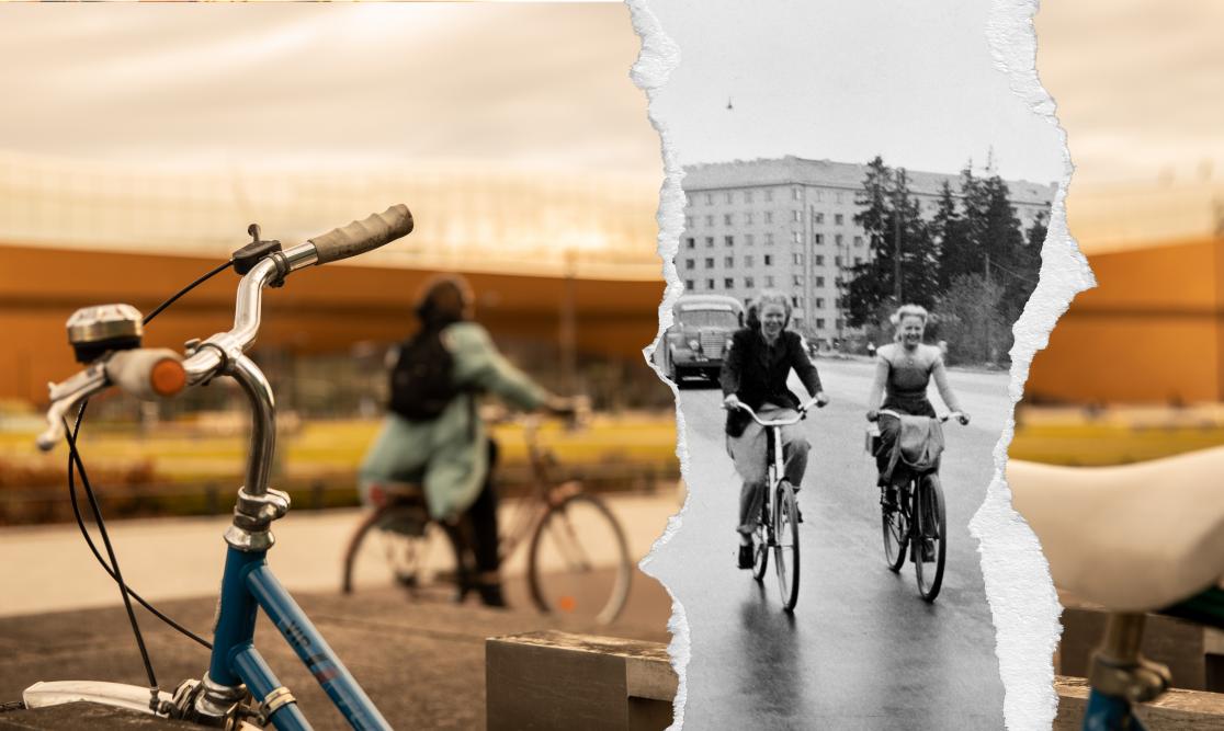Yhdistelmä kahdesta kuvasta. Molemissa kuvissa näkyy polkupyöräilijöitä kaupungissa.