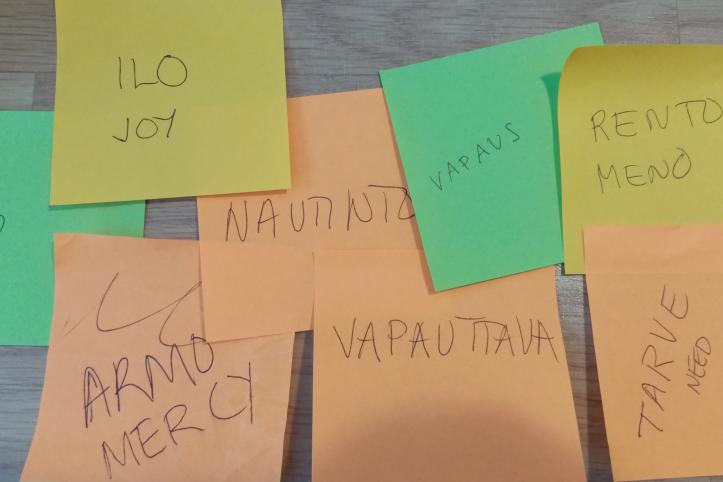 Post-it-lappuja, joissa yksittäisiä sanoja tai lyhyitä lauseita.