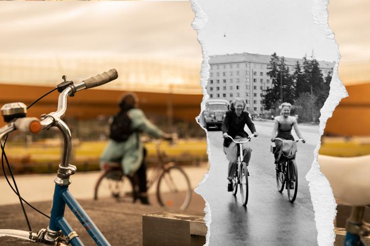 Yhdistelmä kahdesta kuvasta. Värillisessä osassa pyörää taluttava henkilö. Mustavalkoisessa, vanhassa kuvassa kaksi iloisen näköistä naista ajaa polkupyörällä.
