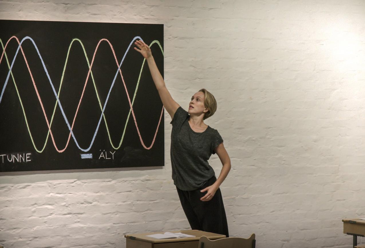 Anni Rissanen stands in front of a black board. There are curving lines on the board.
