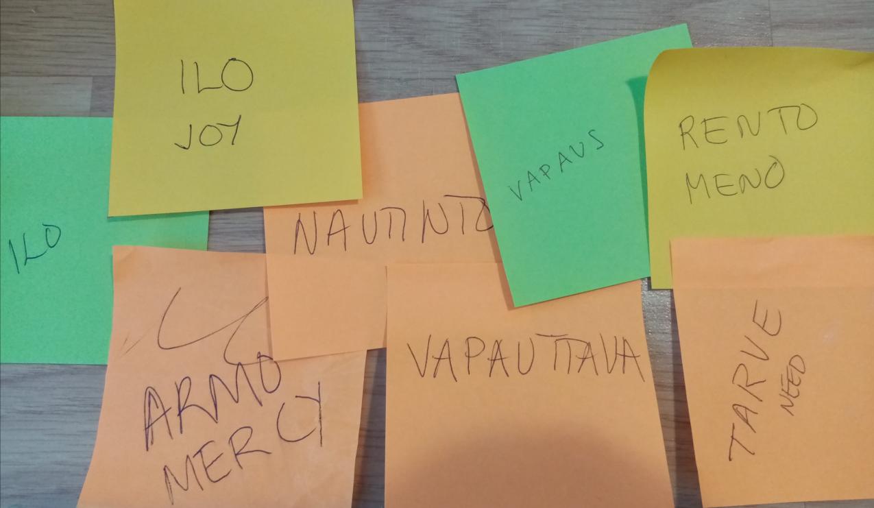 Post-it-lappuja, joissa yksittäisiä sanoja tai lyhyitä lauseita.