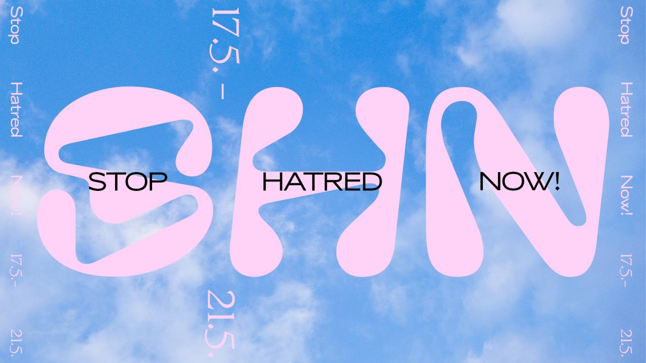 A blue picture, with pink letters SHN, together with the dates for the platform of 2021