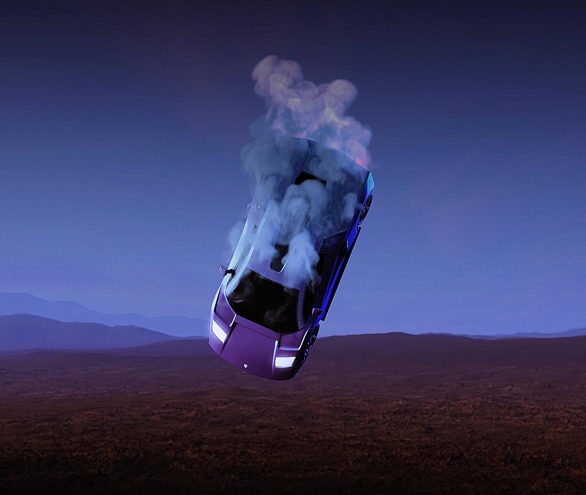Kuvassa on putoava auto. Auto savuaa.