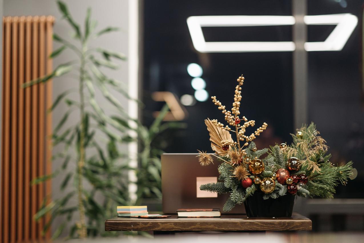 An office. In the picture can be seen a green plant and a Chirstmas decoration