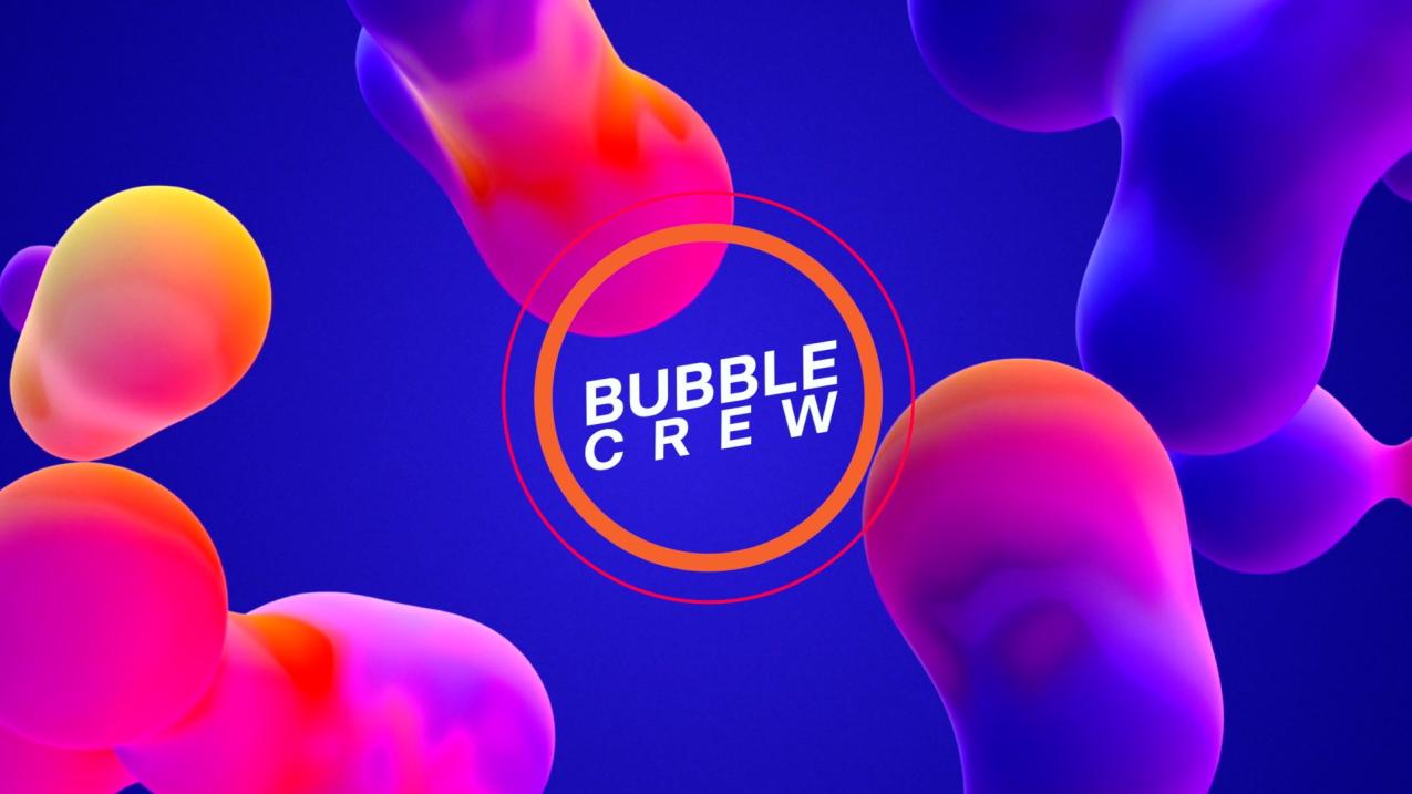 A colourful photo with bubbles. On top of the photo there is a text that reads bubble crew.