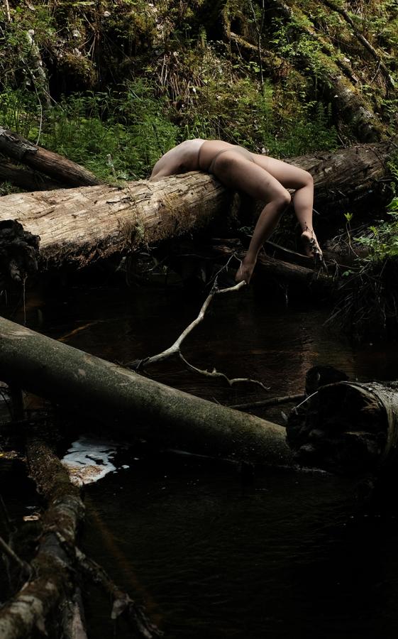A person is lying on their back on a tree trunk. We can't see their face.
