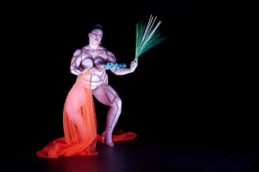 A performer, who is holding a red cloth and a green branch