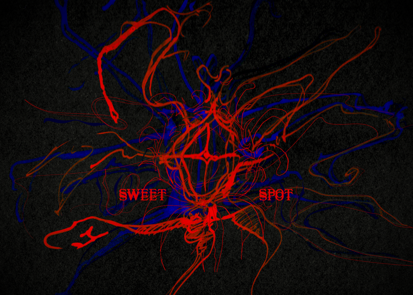 Graafinen kuva. Väreinä musta, sähkönsininen ja -punainen